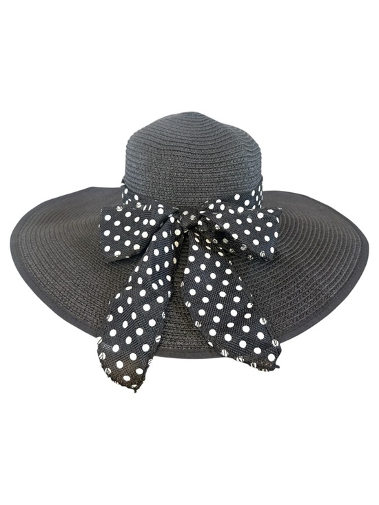 Accessories - Black Wide-Brim Straw Sun Hat with Polka Dot Ribbon